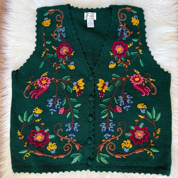 Margules Sweaters - Vintage 90’s Margules Embroidered Green Floral Sweater Vest Large